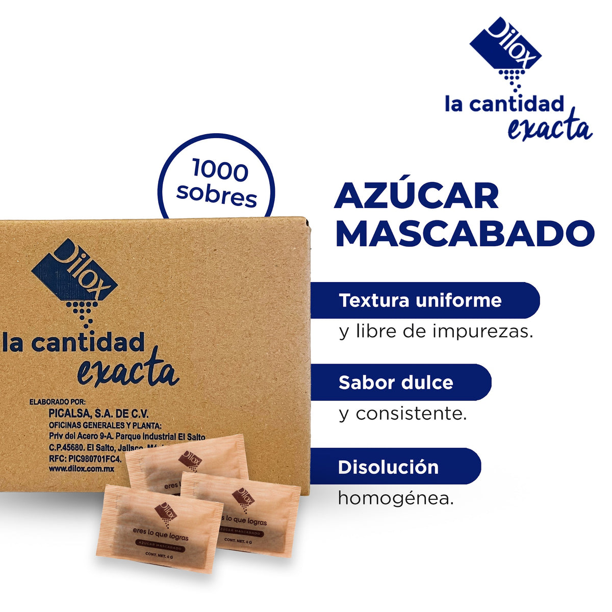 Caja con 1,000 sobres de azúcar mascabado Dilox: textura uniforme, sabor dulce y disolución homogénea