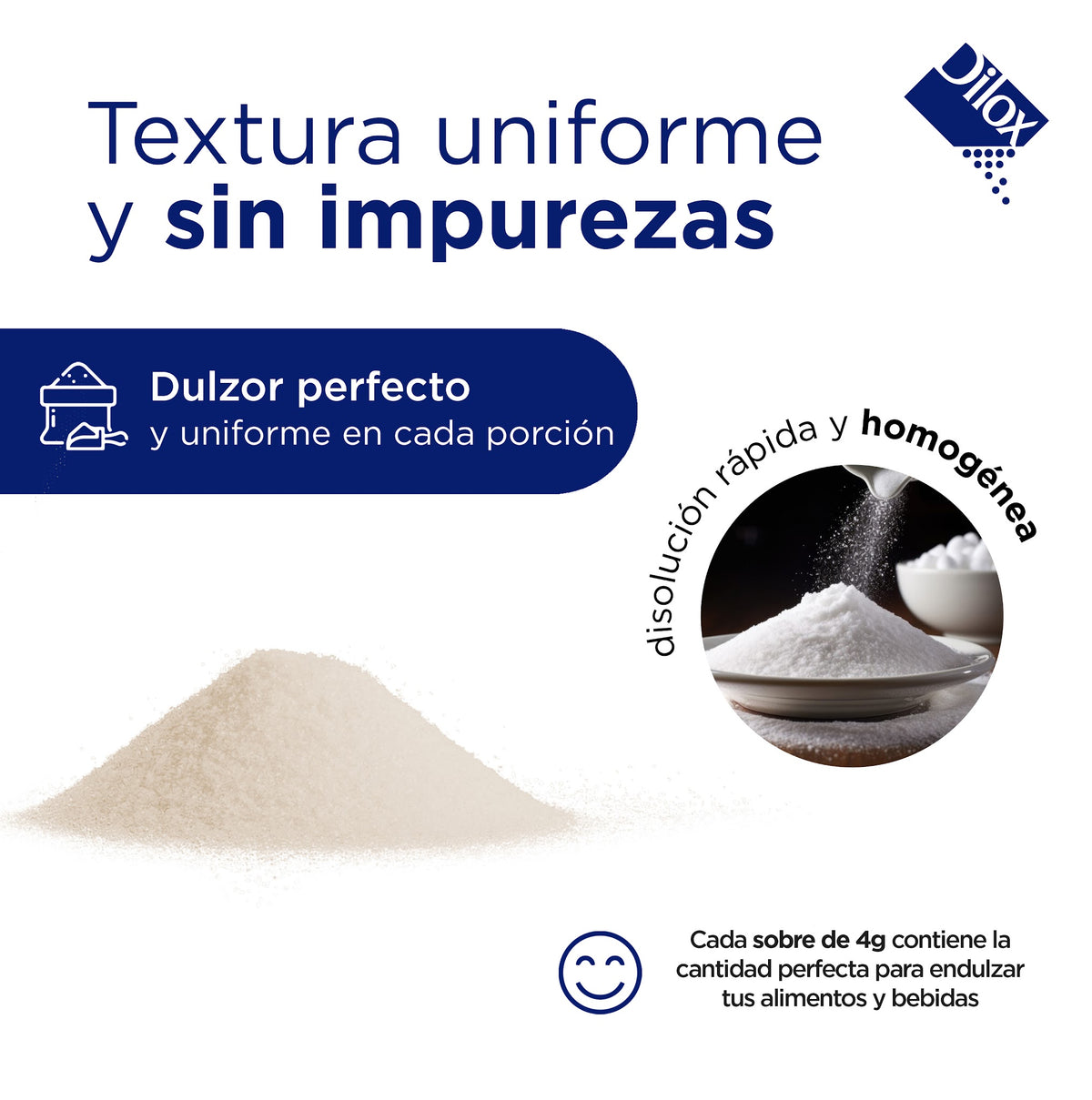 Azúcar mascabado en sobre Dilox, textura uniforme y sin impurezas