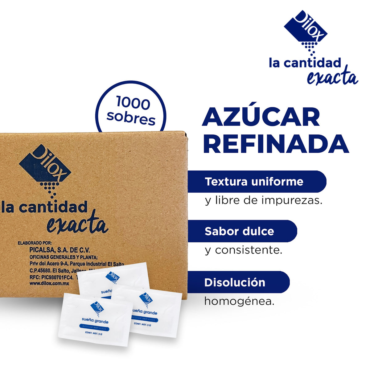 Caja con 1,000 sobres de azúcar refinada Dilox: textura uniforme, sabor dulce y disolución homogénea