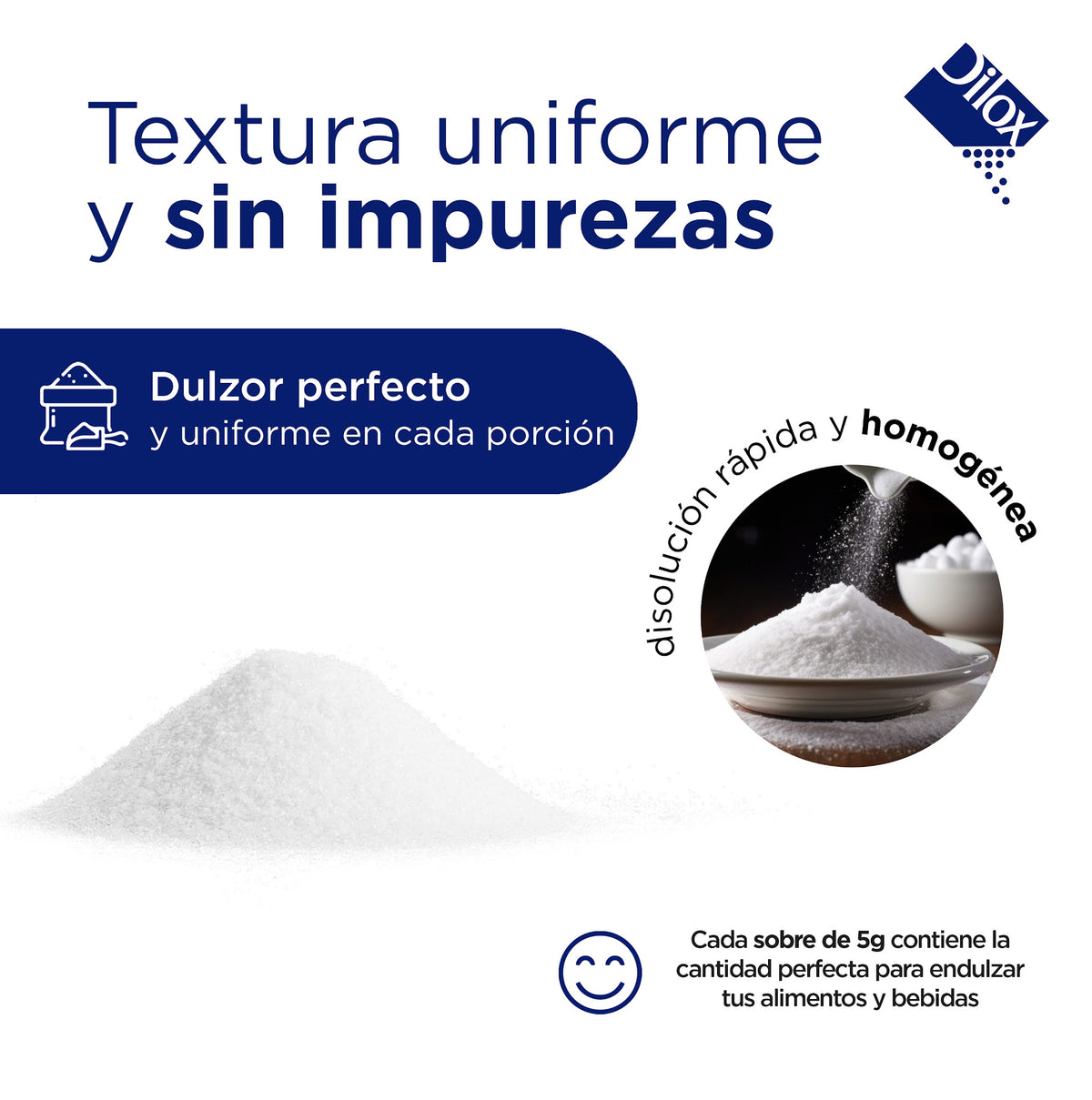 Azúcar refinada en sobre Dilox, textura uniforme y sin impurezas