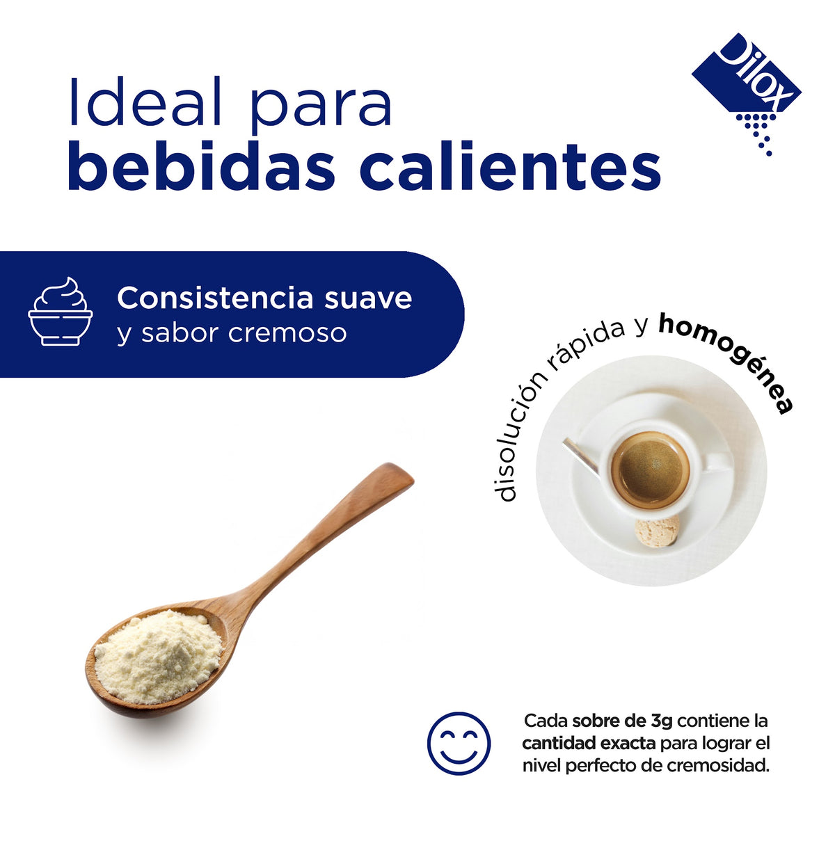 Sustituto de crema en sobre Dilox para bebidas calientes, consistencia suave y sabor cremoso
