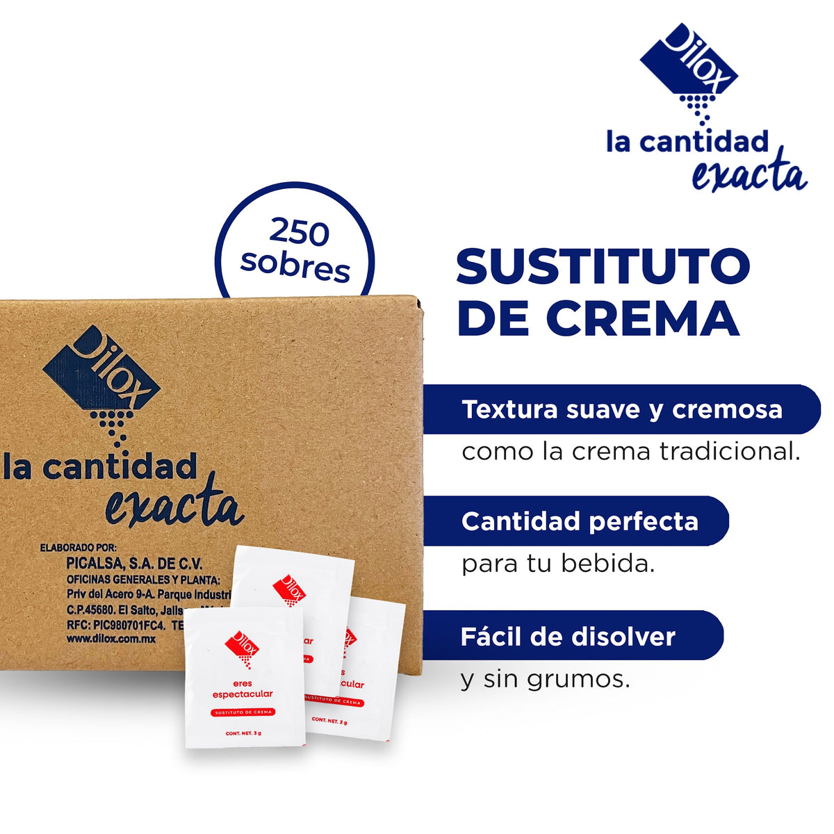 Caja con 250 sobres de sustituto de crema Dilox: textura suave, cantidad perfecta y fácil de disolver